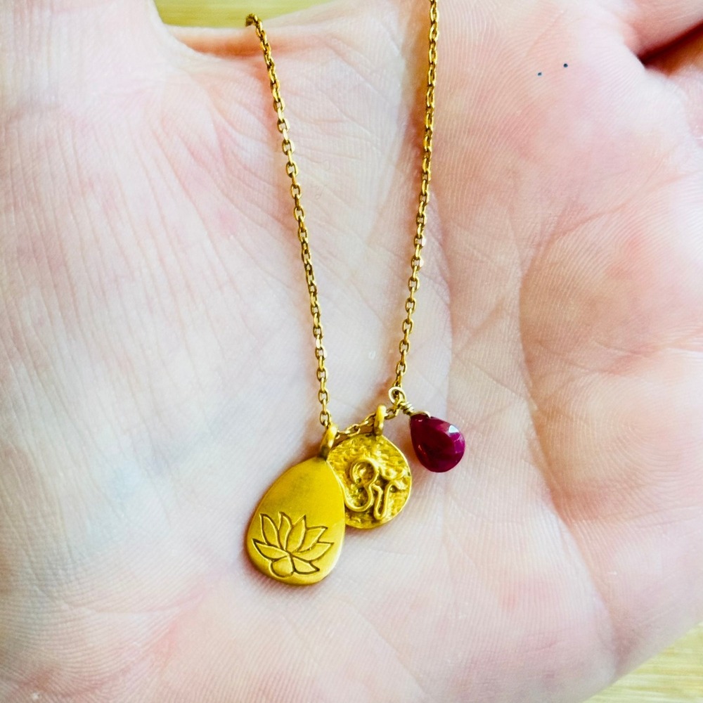 Satya Ganesh Balance Necklace Lotus Flower Ruby Charm 18K Gold Plated Chain 18"